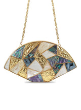 Multicolor brass clutch bag from The Tan Clan Quinn collection, featuring a stylish design and compact size for evening use.