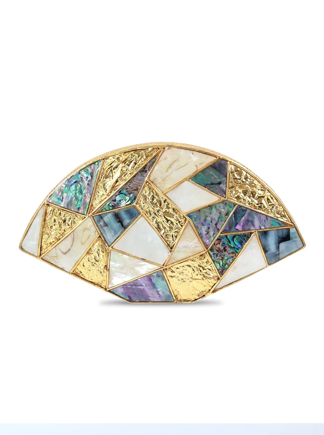 Multicolor brass clutch bag by The Tan Clan with a sleek, compact design and vibrant color accents, perfect for stylish occasions.
