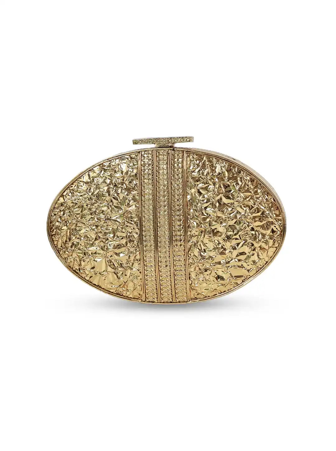 Rhea Brass Clutch by The Tan Clan, stylish gold-toned clutch with sleek design, perfect for evening wear and special occasions.