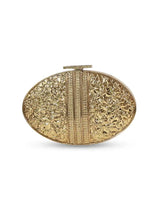 Rhea Brass Clutch by The Tan Clan, stylish gold-toned clutch with sleek design, perfect for evening wear and special occasions.