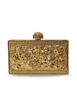 Elegant brass clutch handbag by The Tan Clan with intricate design, perfect for stylish occasions.