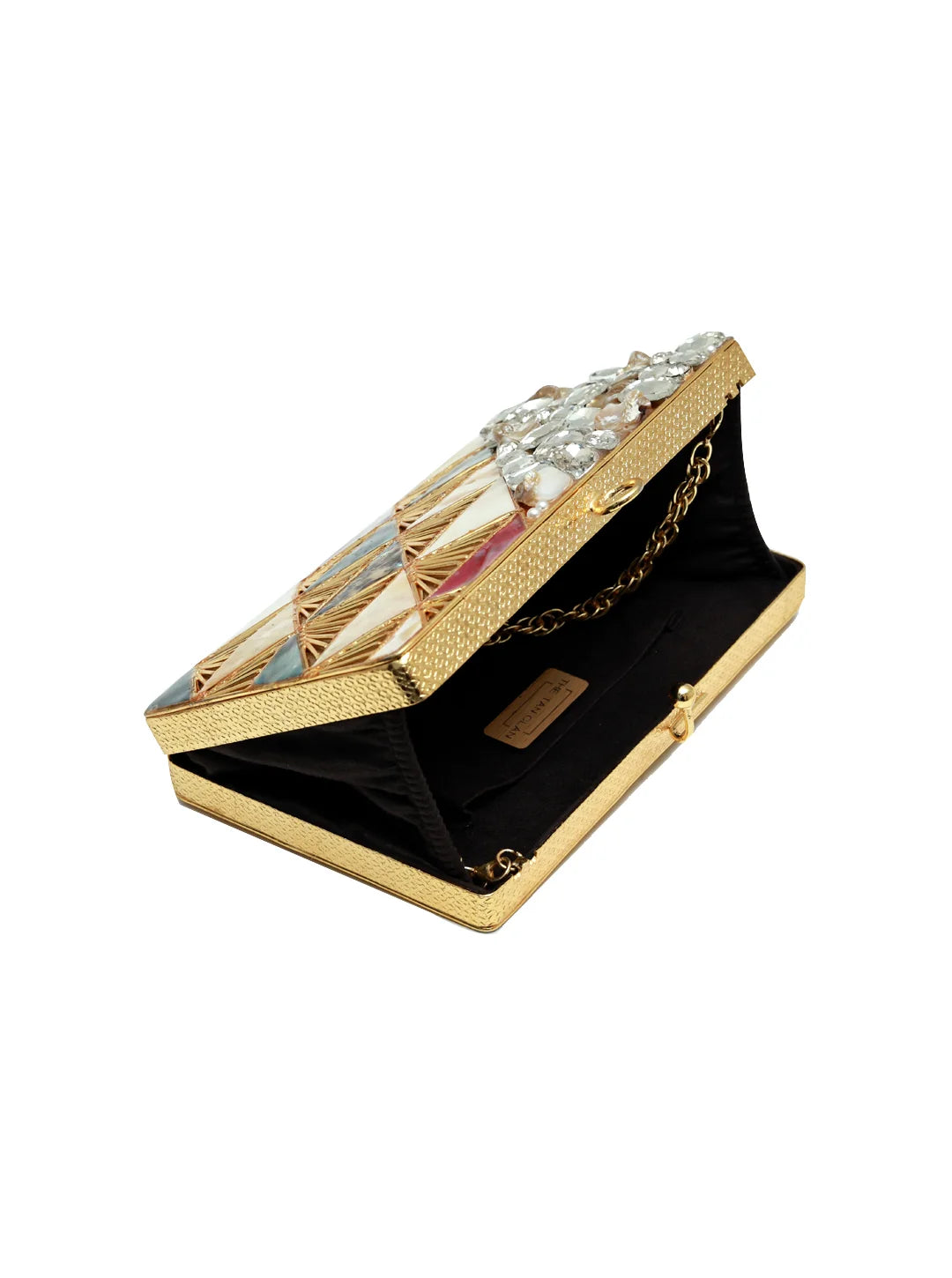 Rumi embellished brass clutch by The Tan Clan, featuring intricate detailing and elegant design, perfect for evening accessories.