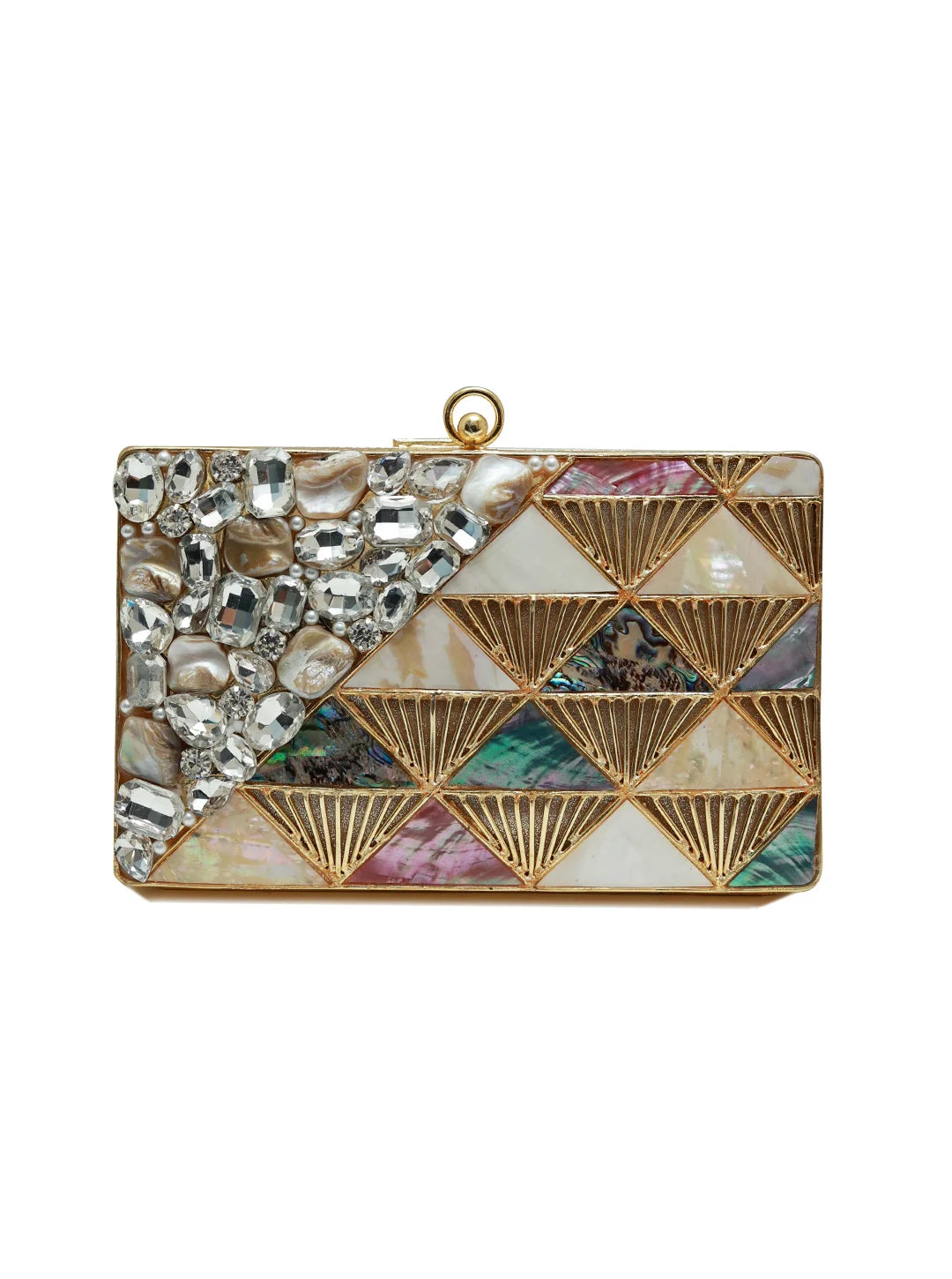 Rumi embellished brass clutch by The Tan Clan, featuring intricate metalwork and elegant design, perfect for evening events.