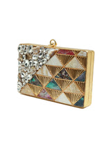 Rumi embellished brass clutch by The Tan Clan, featuring intricate design and metallic finish, perfect for elegant occasions.