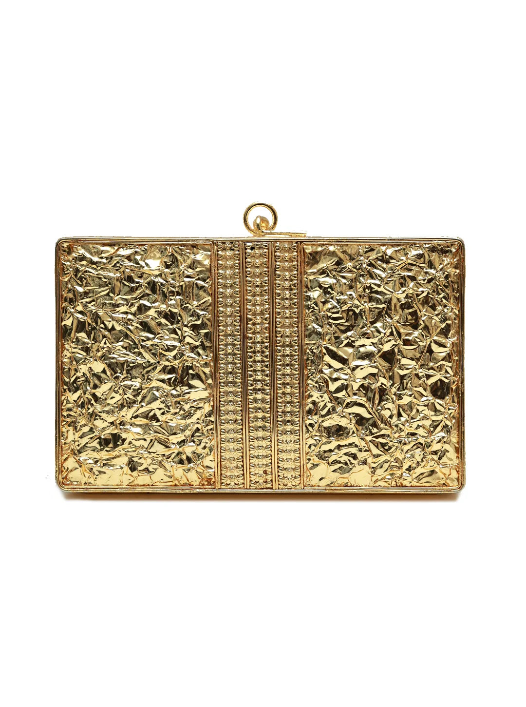 Rumi embellished brass clutch by The Tan Clan featuring intricate metallic detailing and a sleek, elegant design.