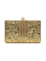 Rumi embellished brass clutch by The Tan Clan featuring intricate metallic detailing and a sleek, elegant design.