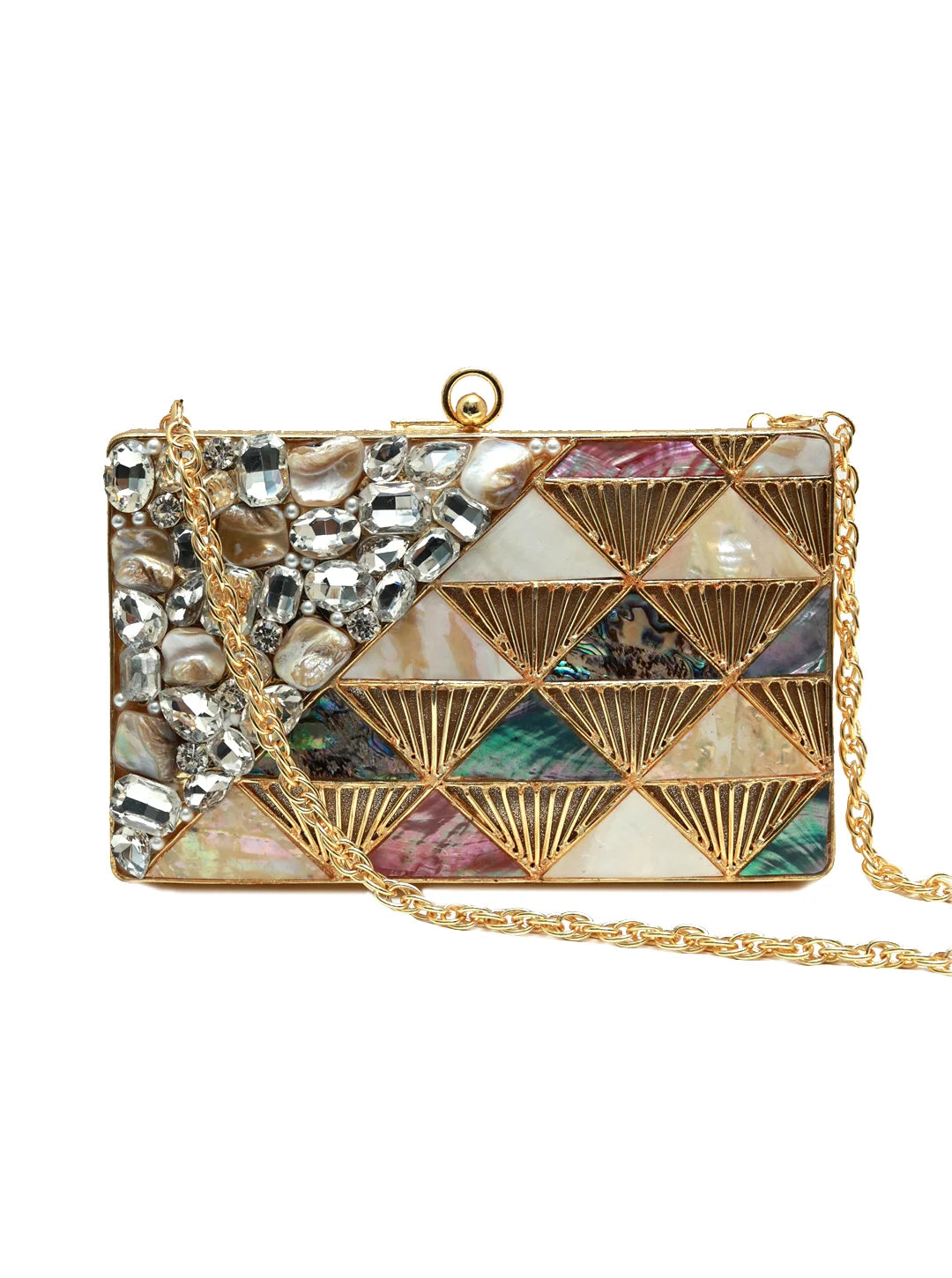 Brass clutch purse with intricate embellishments from The Tan Clan, featuring a sleek design and decorative details.