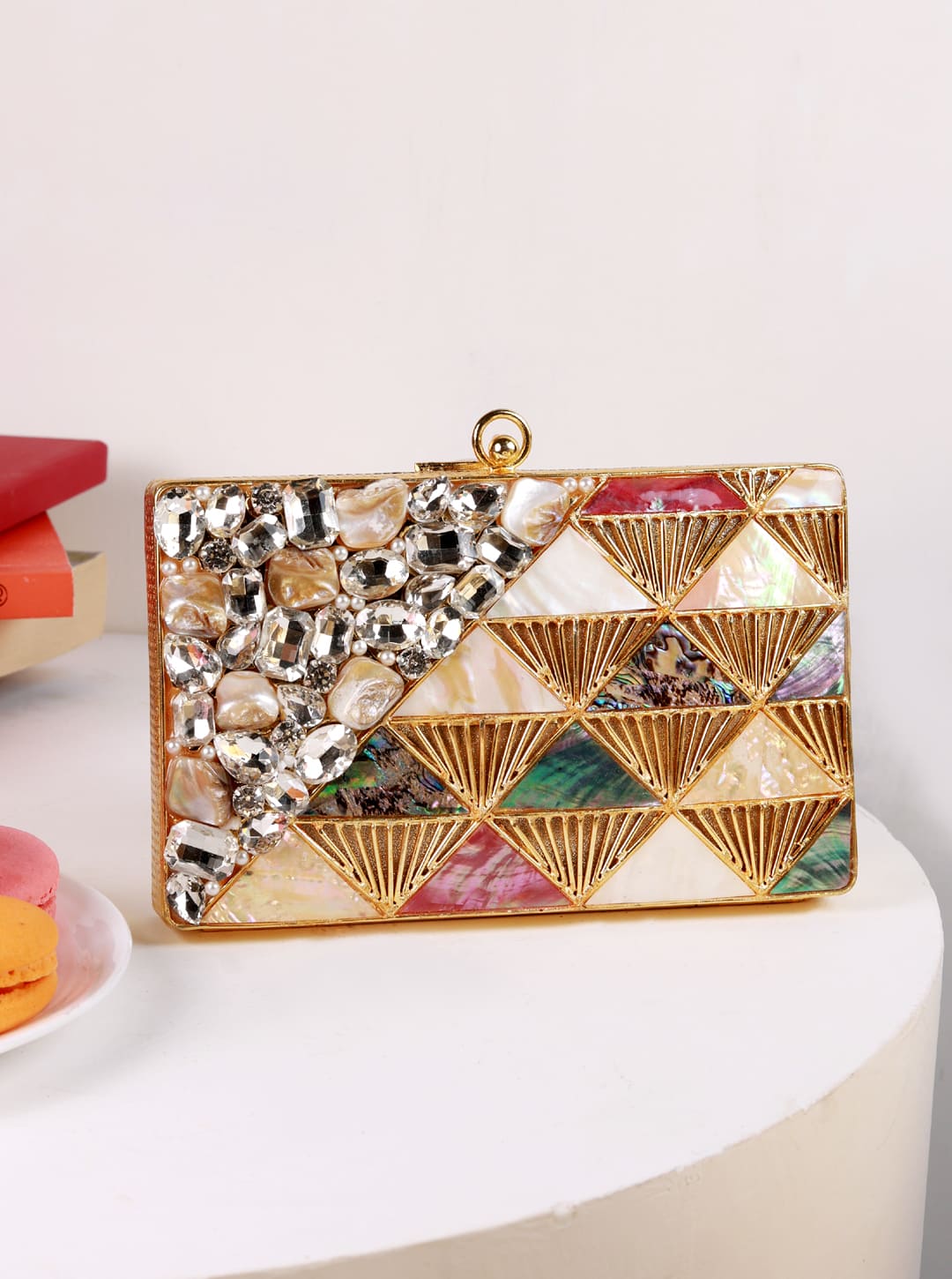 Rumi embellished brass clutch by The Tan Clan featuring intricate design and compact style, perfect for elegant occasions.