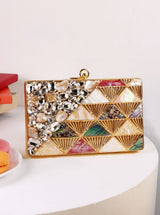 Rumi embellished brass clutch by The Tan Clan featuring intricate design and compact style, perfect for elegant occasions.