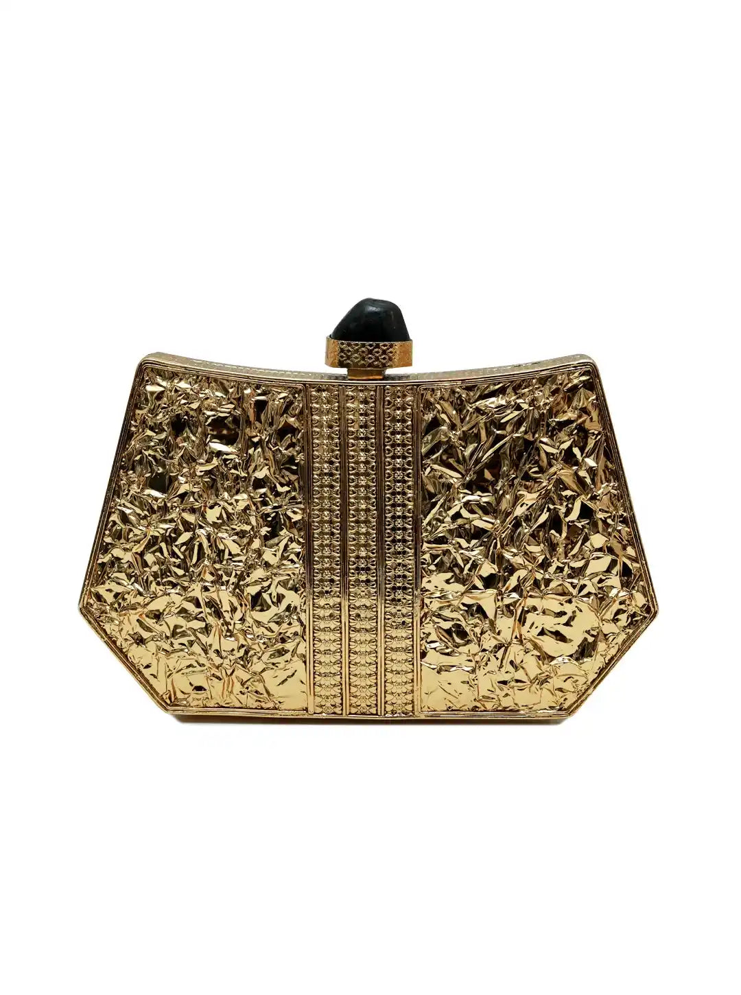 The Tan Clan Ruth Wired Brass Clutch showcasing a sleek brass design with a textured surface and elegant wrist strap.