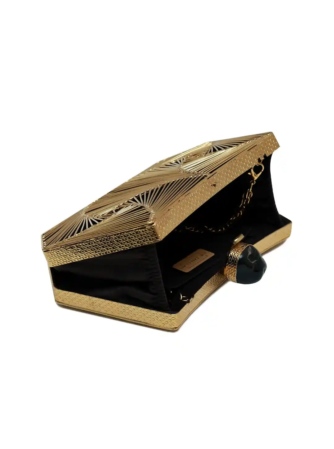 Ruth wired brass clutch by The Tan Clan featuring a sleek, structured design and metallic finish for elegant accessorizing.