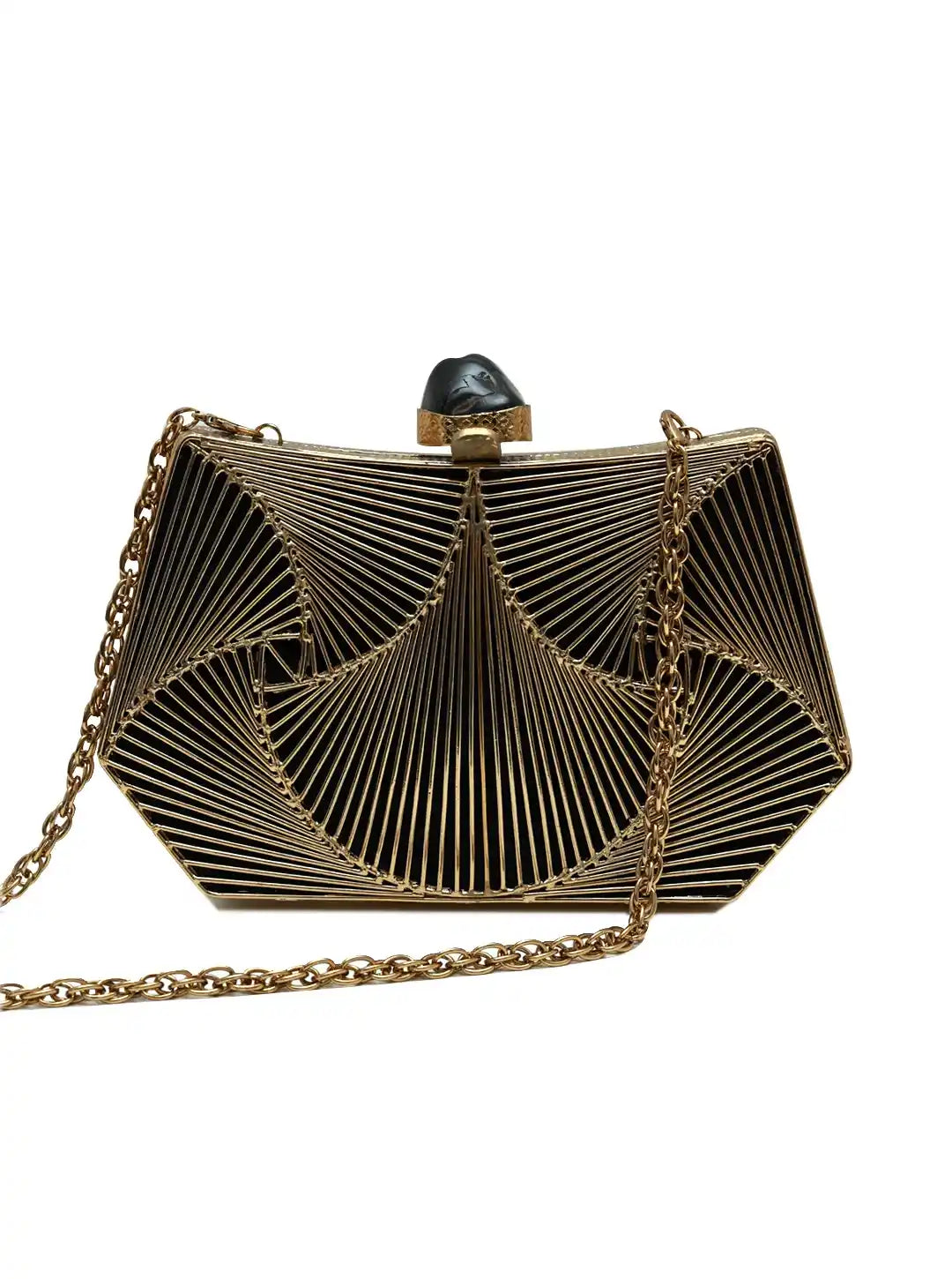 Ruth Wired Brass Clutch by The Tan Clan featuring a stylish brass design and compact shape for elegant evening use.