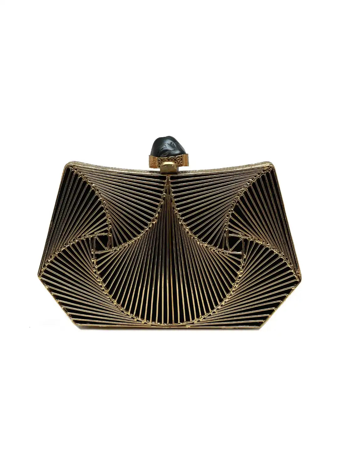 The Tan Clan Ruth Wired Brass Clutch featuring a sleek, handcrafted brass design with a structured silhouette and elegant finish.