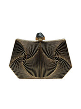 The Tan Clan Ruth Wired Brass Clutch featuring a sleek, handcrafted brass design with a structured silhouette and elegant finish.