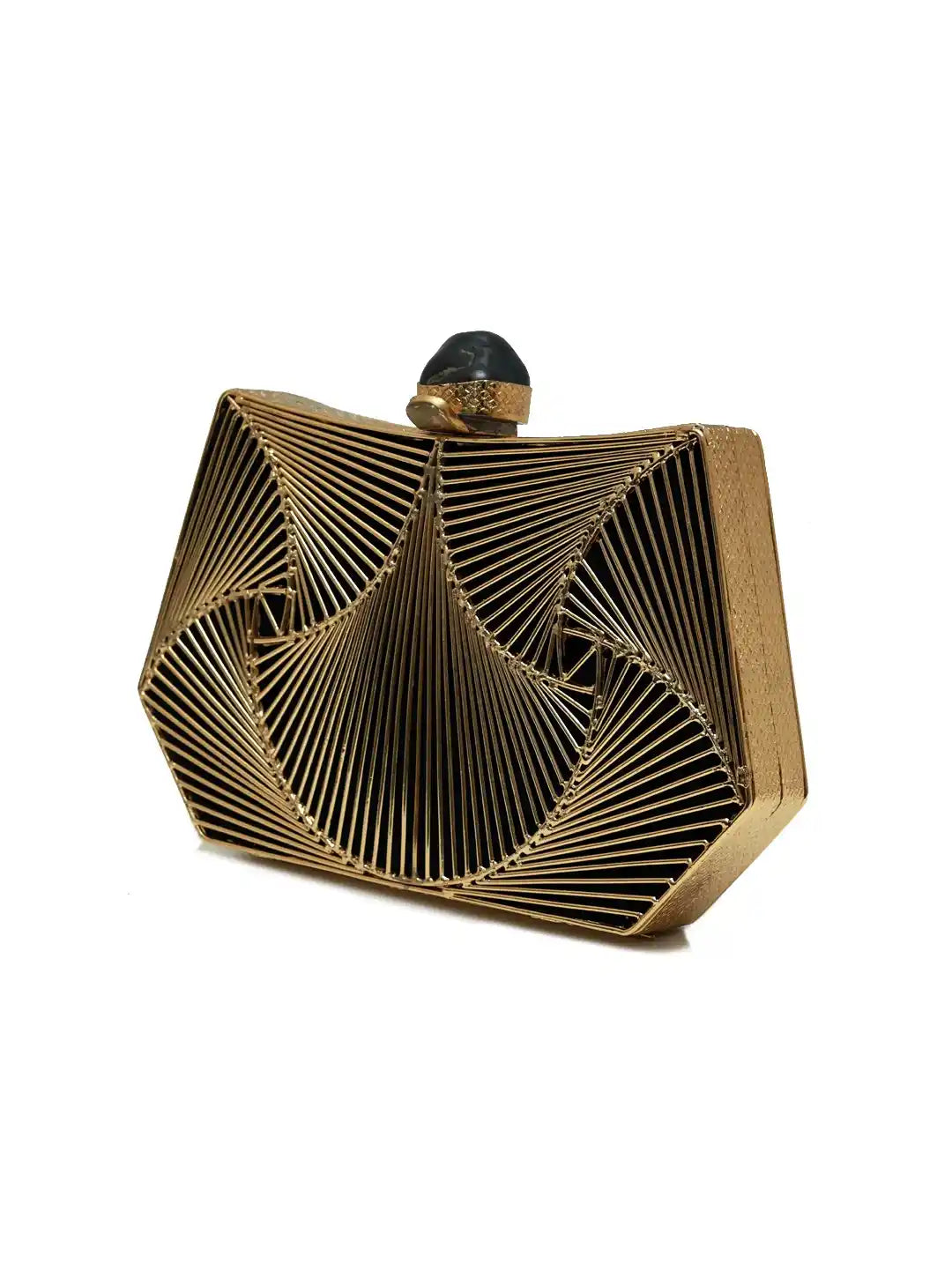 The Tan Clan Ruth wired brass clutch with a sleek design, featuring a metallic brass finish and elegant clasp closure.