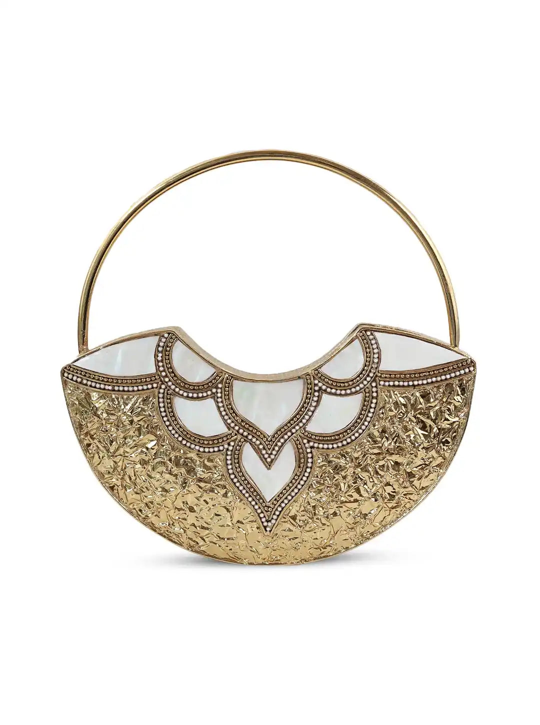 Sasha Brass Clutch with Handle by The Tan Clan, stylish metallic clutch bag featuring a sleek handle, perfect for evening events.