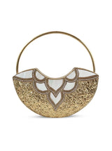 Sasha Brass Clutch with Handle by The Tan Clan, stylish metallic clutch bag featuring a sleek handle, perfect for evening events.
