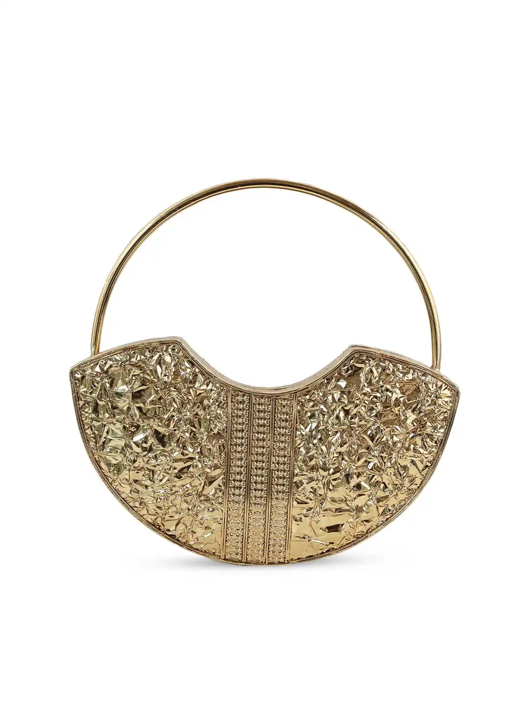 Sasha brass clutch with handle by The Tan Clan, featuring a sleek metallic design and a comfortable carrying handle.