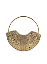 Sasha brass clutch with handle by The Tan Clan, featuring a sleek metallic design and a comfortable carrying handle.