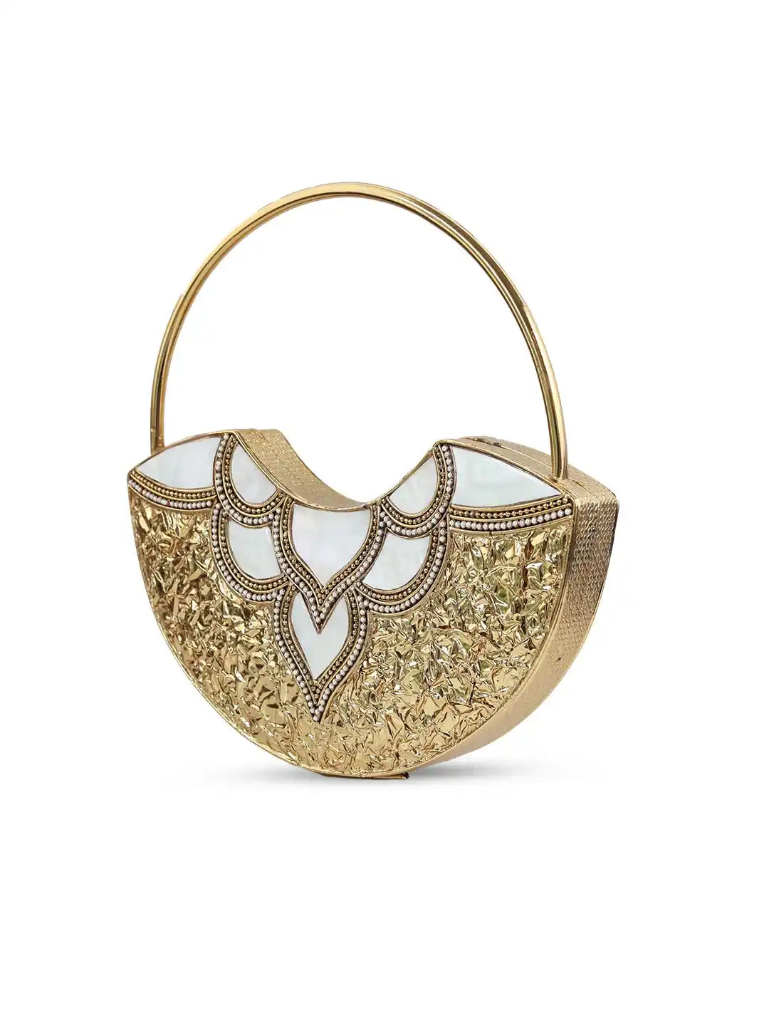Sasha Brass Clutch with Handle by The Tan Clan, stylish gold-toned clutch bag featuring a sleek handle for elegant carry.