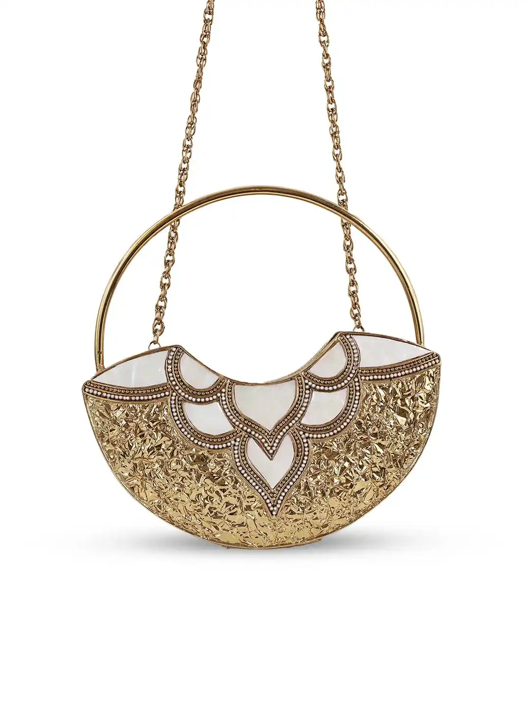 Sasha brass clutch with handle by The Tan Clan, featuring a sleek metallic finish and a compact design for elegant events.