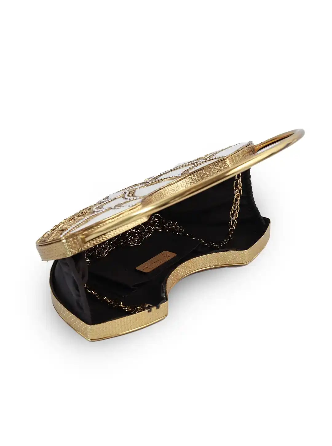 Sasha Brass Clutch with Handle by The Tan Clan, stylish gold-tone clutch featuring a sturdy handle and sleek design.
