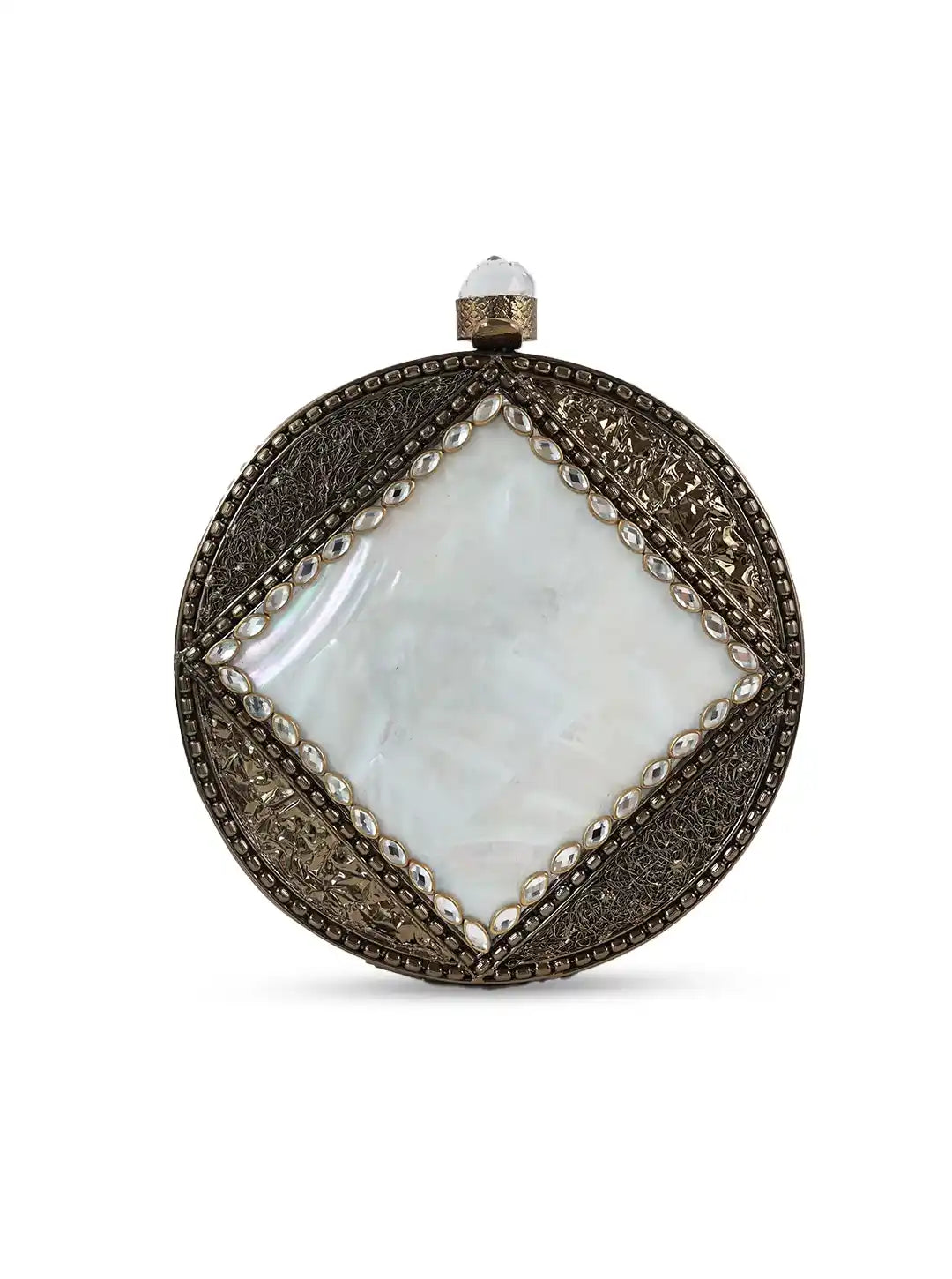 Seren Brass Clutch by The Tan Clan featuring a sleek brass finish and elegant design for stylish occasions.