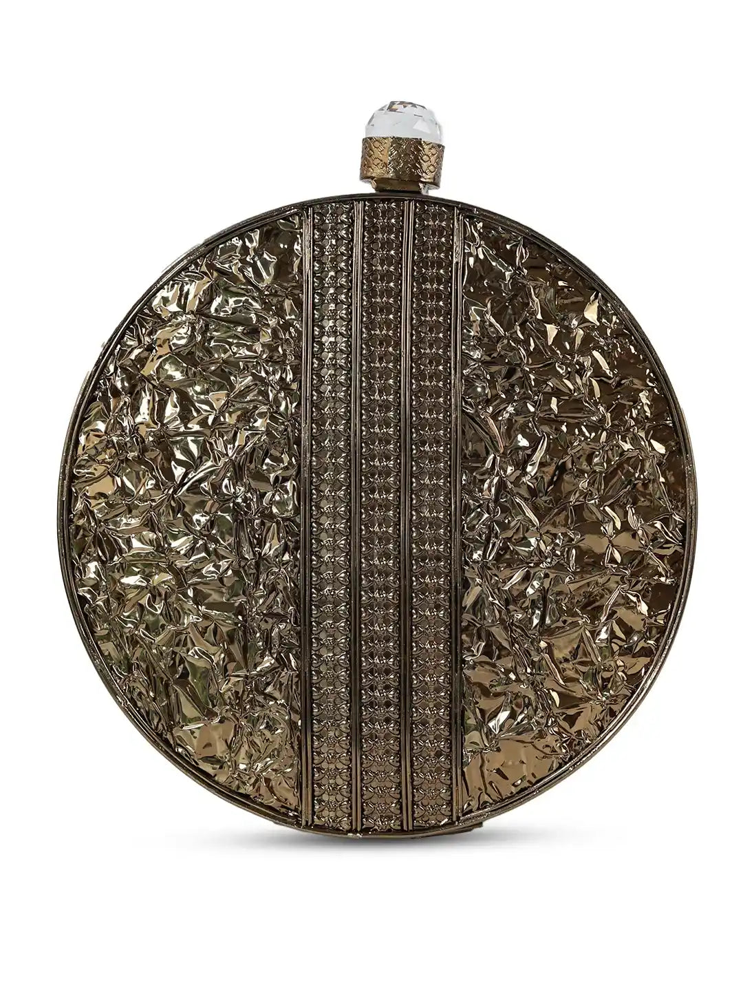 Seren Brass Clutch by The Tan Clan featuring elegant brass material and sleek design, perfect for evening accessories.