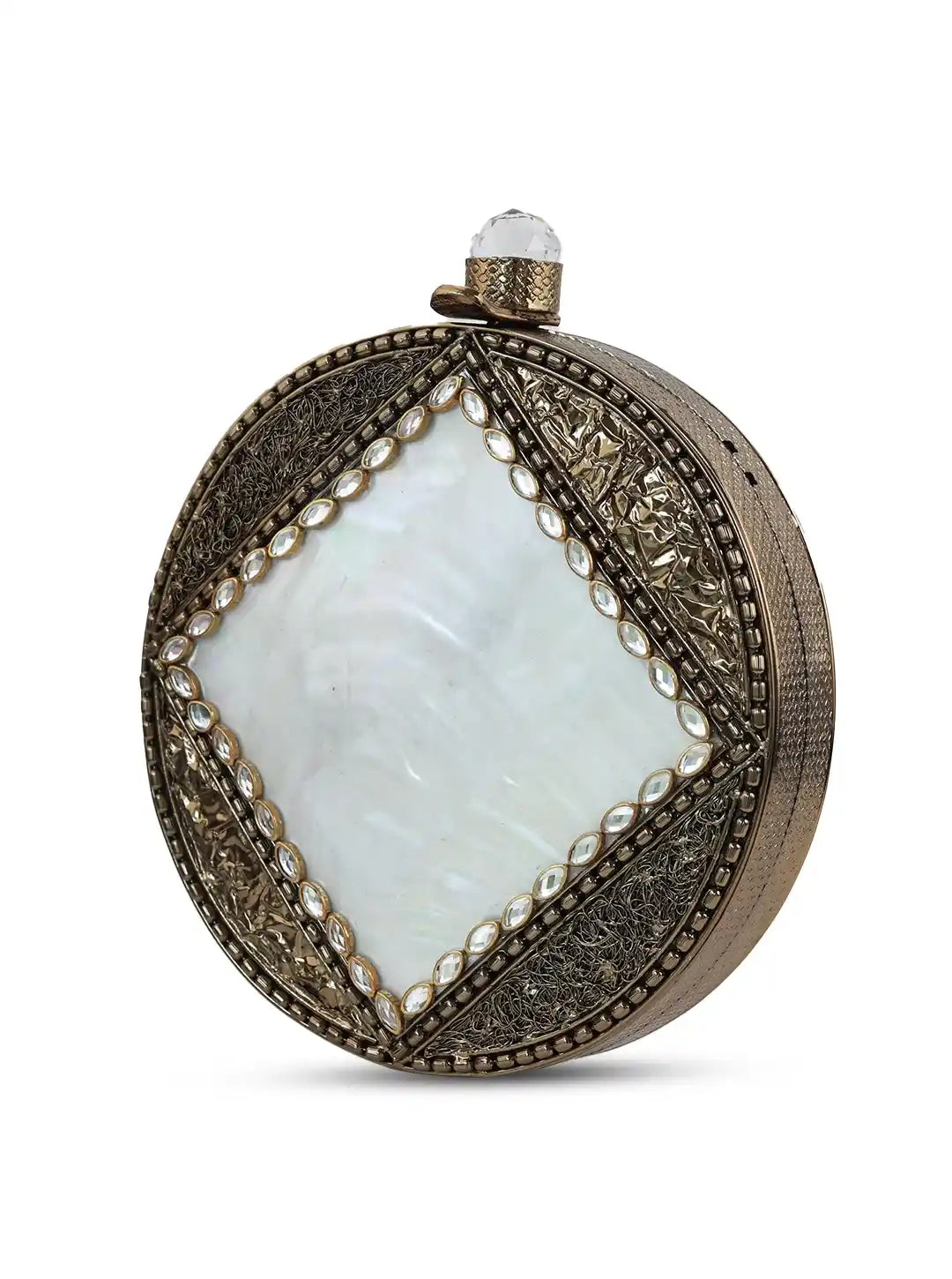 Seren brass clutch bag by The Tan Clan featuring a sleek, polished design with a metallic finish and elegant clasp closure.