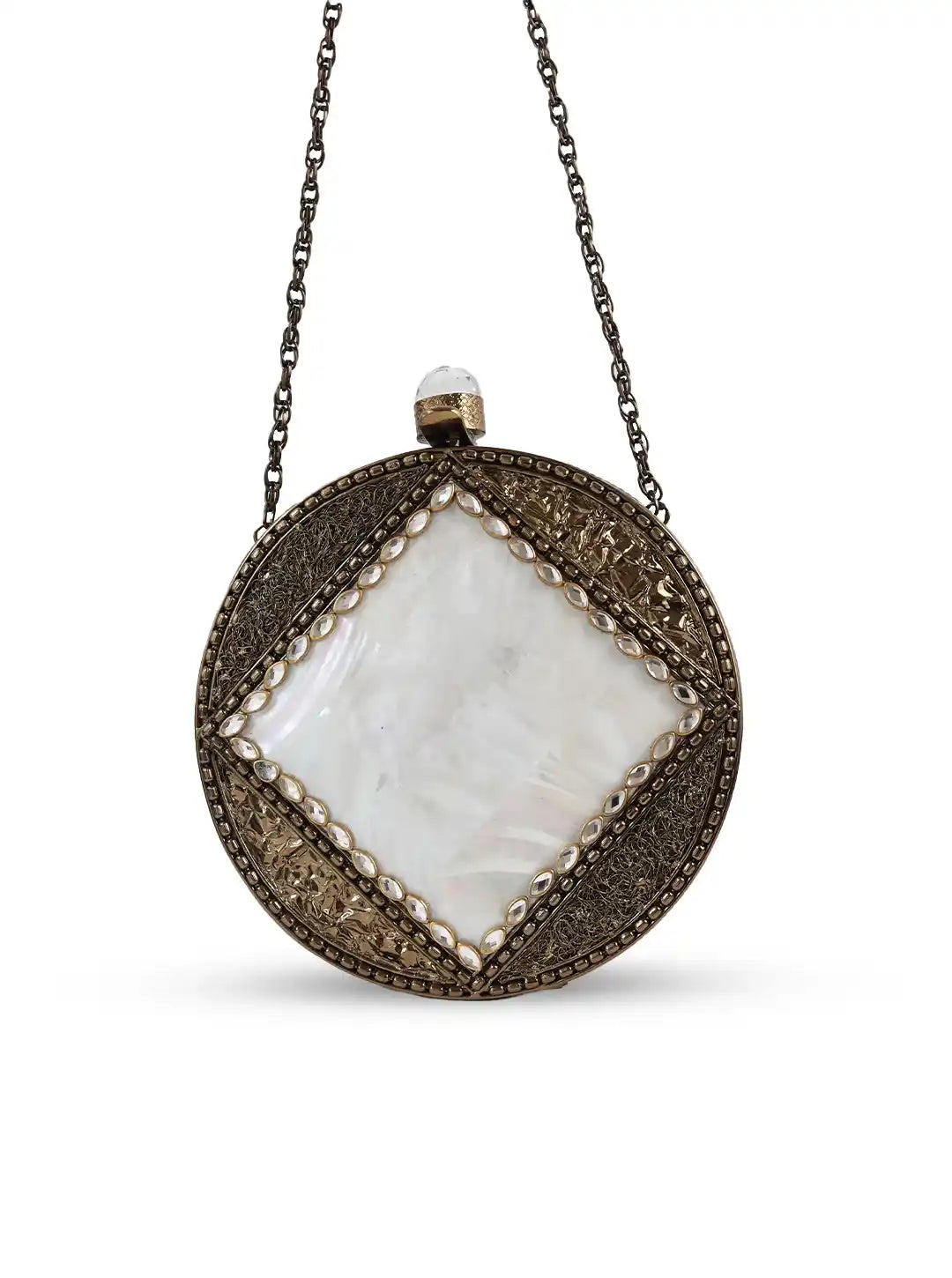 Seren brass clutch by The Tan Clan featuring a sleek, minimalist design with a metallic finish and compact size.
