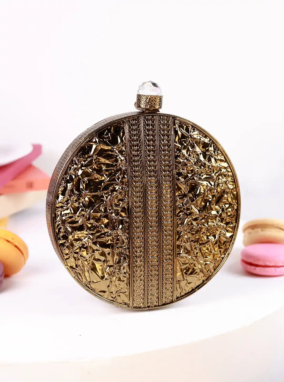 Seren Brass Clutch by The Tan Clan featuring a sleek, metallic finish and elegant design for stylish occasions.