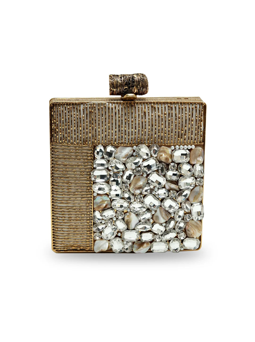 Sugar embellished brass clutch bag by The Tan Clan, featuring intricate design and elegant brass craftsmanship.