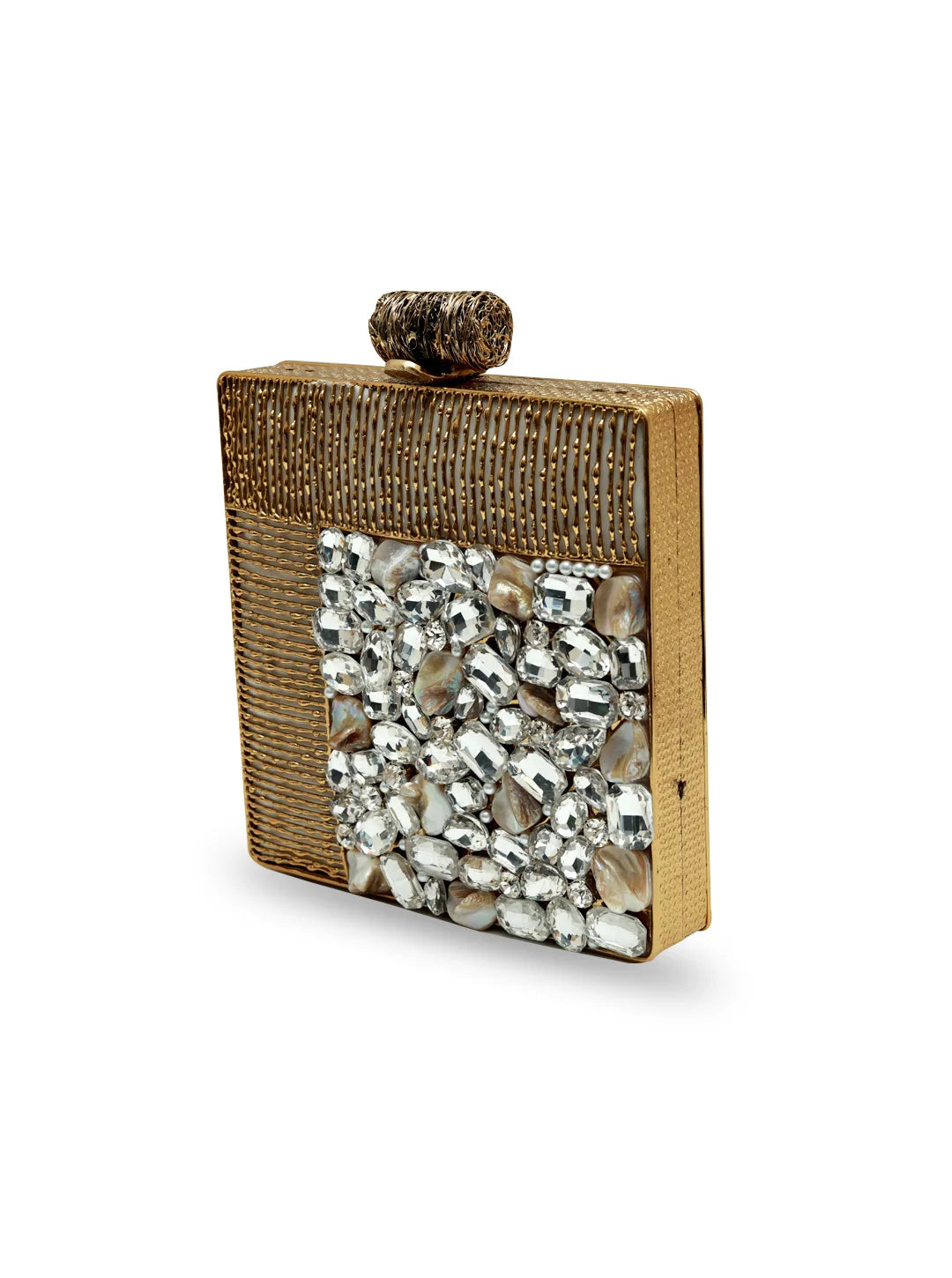 Sugar embellished brass clutch from The Tan Clan, featuring a stylish and decorative design with intricate details.