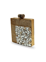 Sugar embellished brass clutch from The Tan Clan, featuring a stylish and decorative design with intricate details.