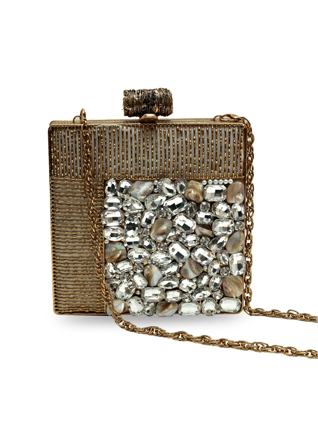 Sugar embellished brass clutch by The Tan Clan, featuring intricate design and compact style, perfect for elegant evening occasions.