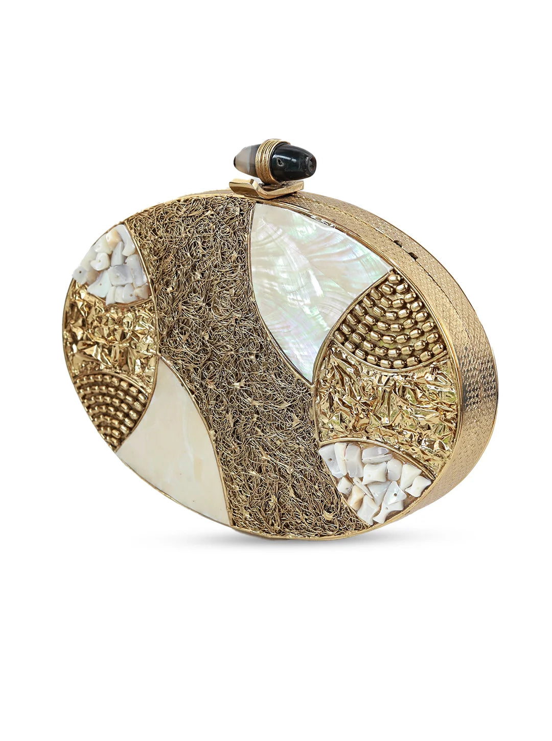 The Tan Clan Tracy Brass Clutch featuring a sleek metallic finish and compact design, perfect for evening occasions.