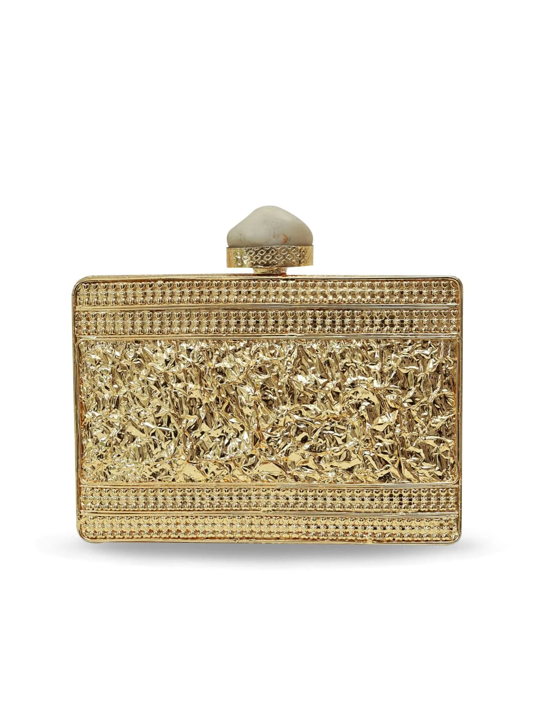 Uzma intricate brass clutch by The Tan Clan, showcasing detailed craftsmanship and elegant design in a stylish accessory.