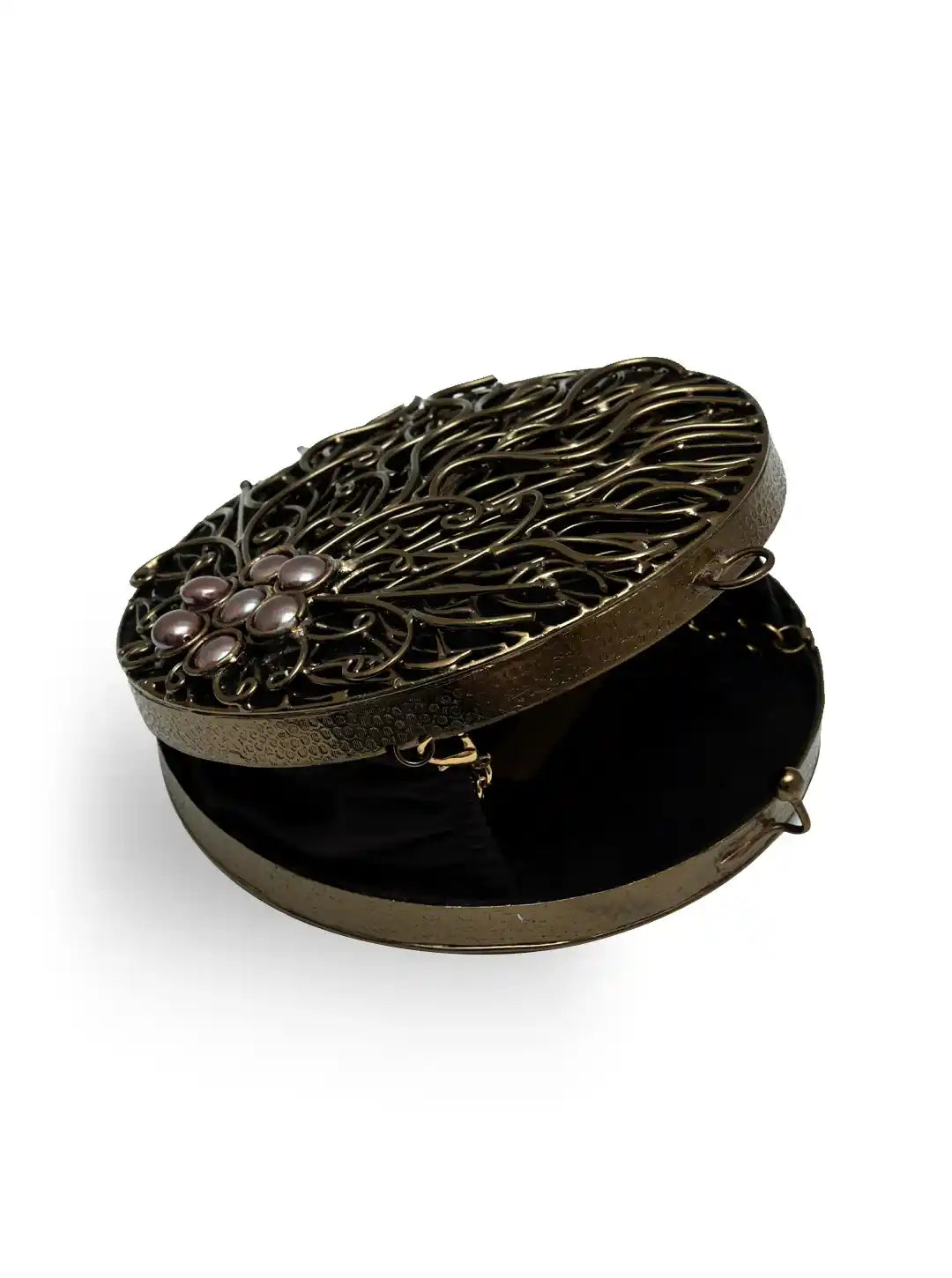 Vana Brass Clutch from The Tan Clan featuring a sleek metallic finish and compact design for elegant evening use.
