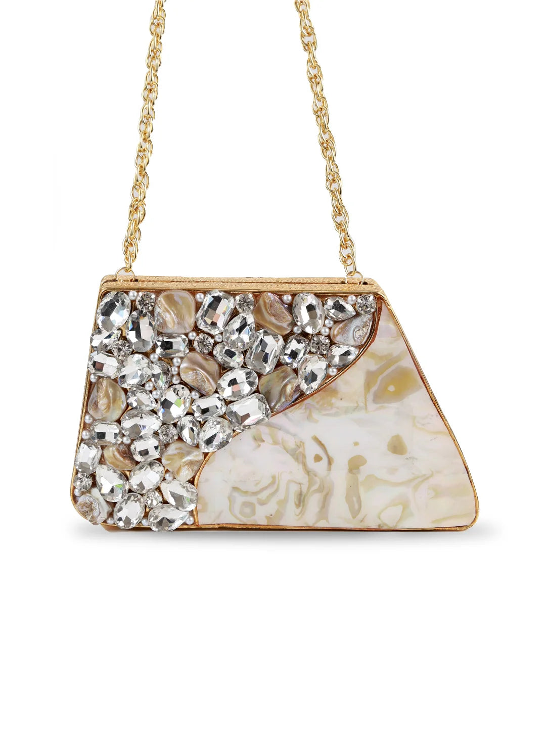 Vixi embellished brass clutch by The Tan Clan featuring intricate metal detailing and a sleek, elegant design for evening wear.