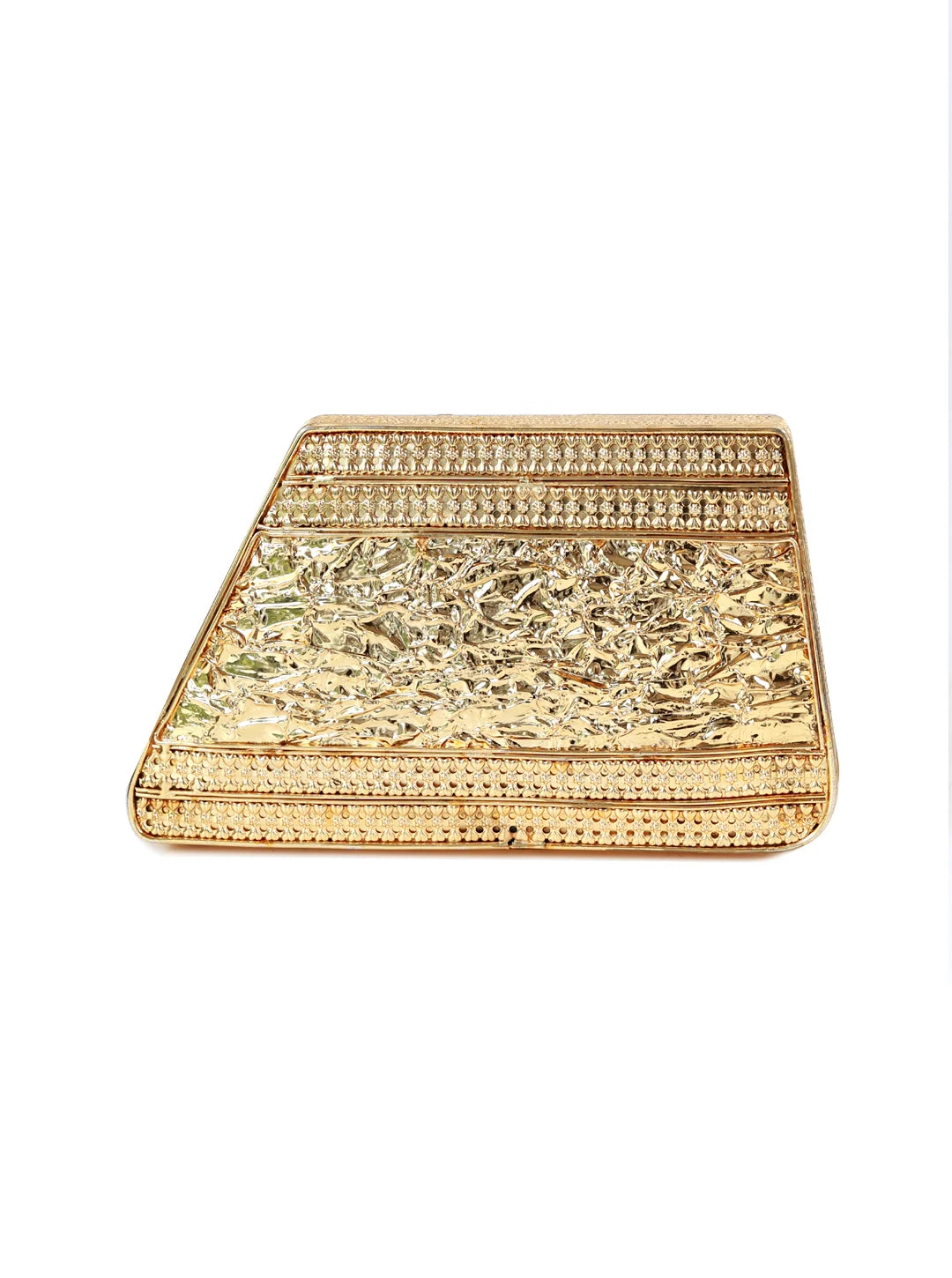 Vixi embellished brass clutch from The Tan Clan featuring intricate detailing and a sleek design for elegant occasions.