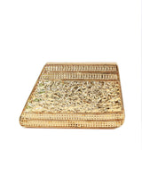 Vixi embellished brass clutch from The Tan Clan featuring intricate detailing and a sleek design for elegant occasions.