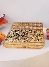 Vixi embellished brass clutch by The Tan Clan featuring intricate design and compact style for elegant evening occasions.