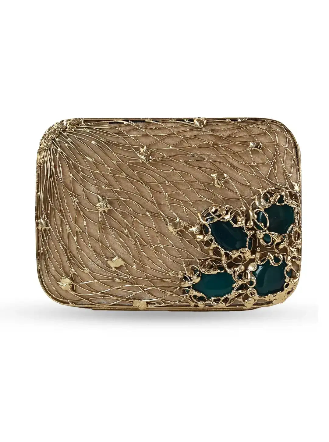 Zen Brass Clutch by The Tan Clan, a stylish gold-toned clutch with a sleek design and textured finish, perfect for elegant occasions.
