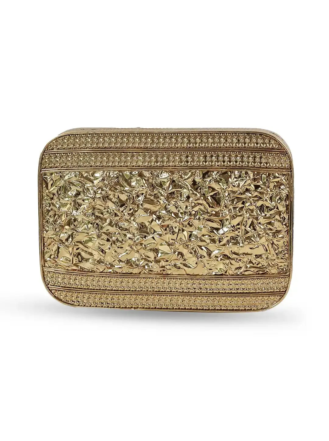 Zen Brass Clutch by The Tan Clan, stylish metallic clutch with a sleek design, perfect for evening or special occasions.