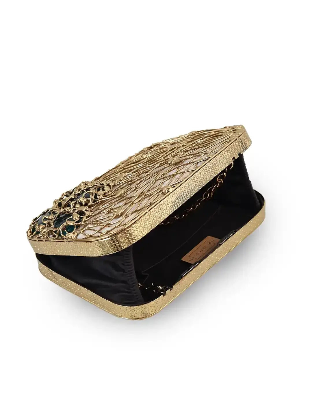 Zen Brass Clutch by The Tan Clan, stylish gold-toned leather clutch with sleek design and compact size for elegant occasions.