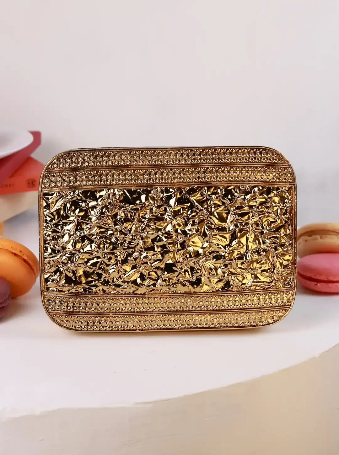Zen Brass Clutch by The Tan Clan, stylish metallic clutch with sleek design and brass finish, perfect for evening events.