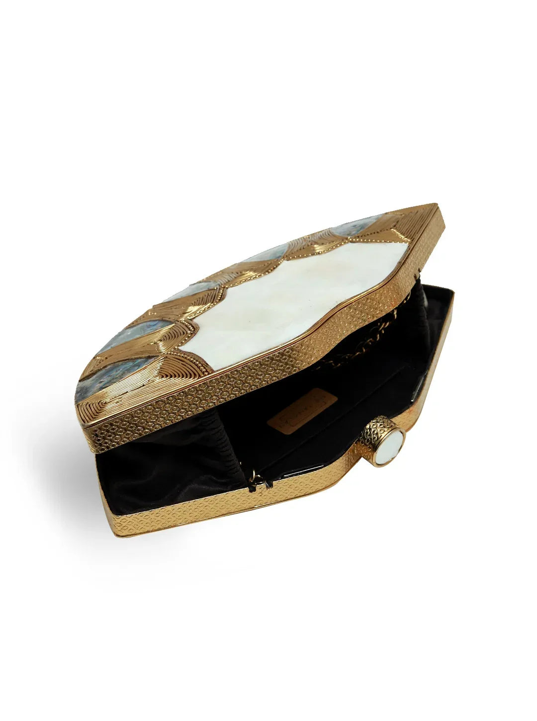 Zuri Mother of Pearl Brass Clutch by The Tan Clan featuring a shiny brass body and elegant mother of pearl accents.