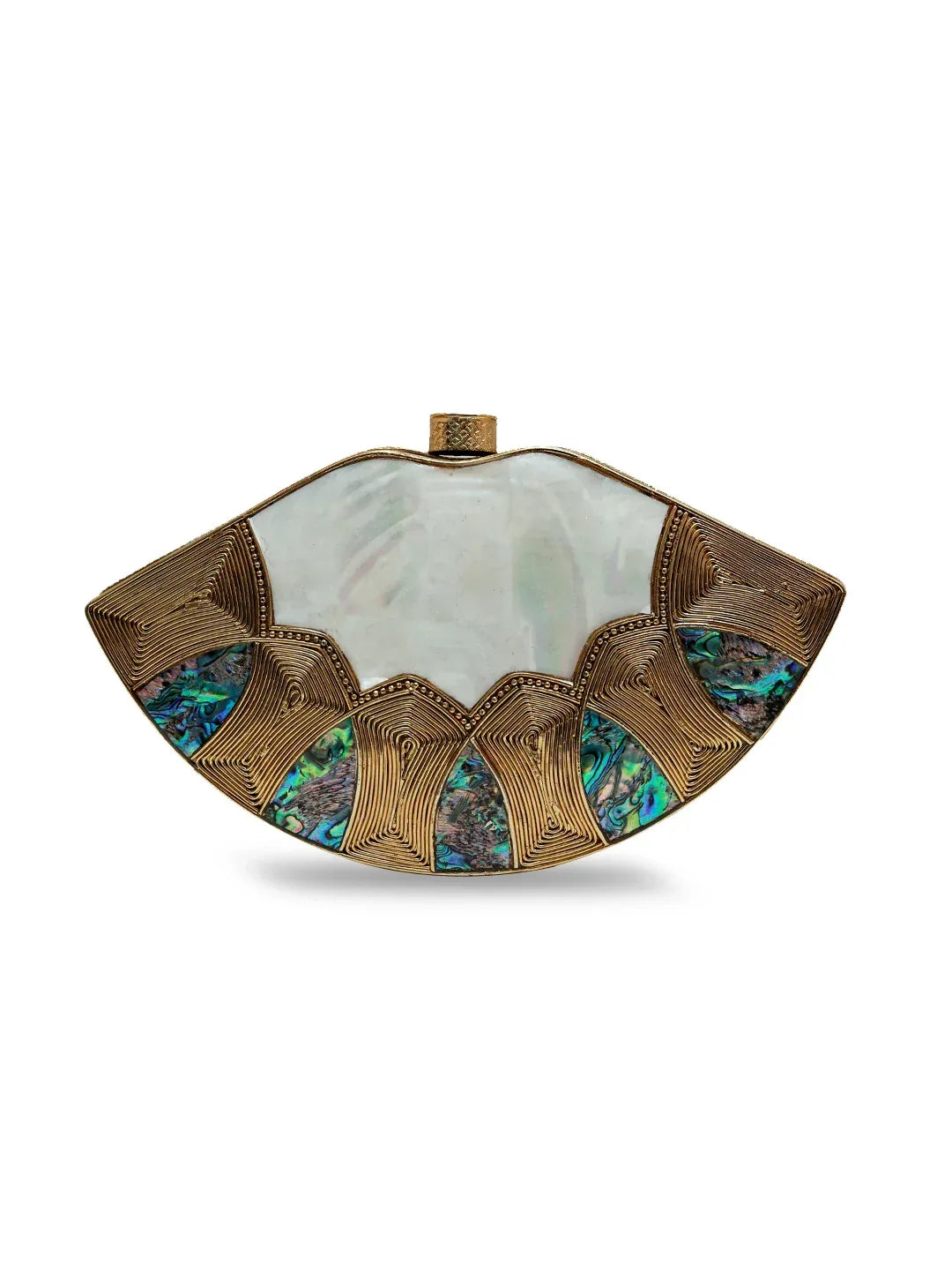 Zuri Mother of Pearl Brass Clutch by The Tan Clan features a sleek design with mother of pearl accents and brass detailing.