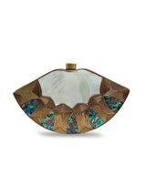 Zuri Mother of Pearl Brass Clutch by The Tan Clan features a sleek design with mother of pearl accents and brass detailing.