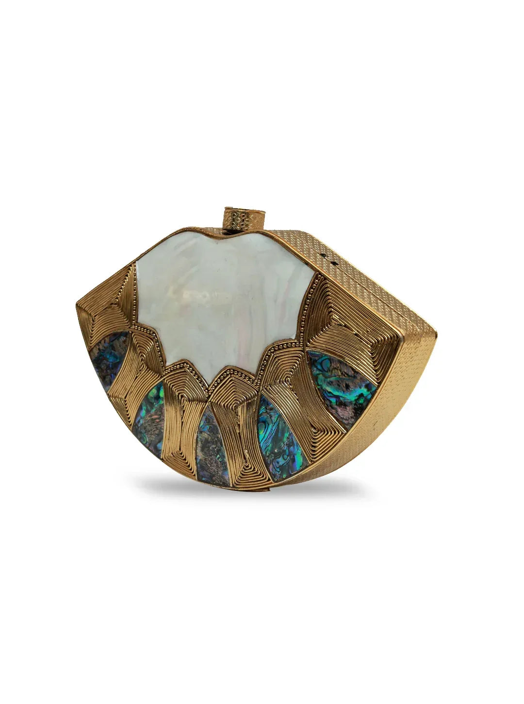 Zuri Mother of Pearl Brass Clutch by The Tan Clan featuring a sleek design with pearl and brass details for elegant occasions.